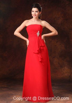 Strapless Red Empire Chiffon Prom Gowns With Beading Long For Customize