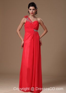 Coral Red One Shoulder Long Empire Chiffon Beaded Decorate Shoulder Prom Dress For Custom Made