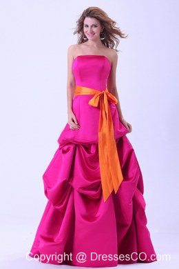 Hot Pink Prom Dress With Orange Sash And Pick-ups A-line Long