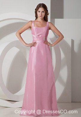 Rose Pink Empire Square Neck Long Taffeta Beading Prom Dress