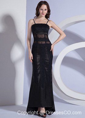 Lace Decorate Bodice Spaghetti Straps Column Black Taffeta Prom Dress