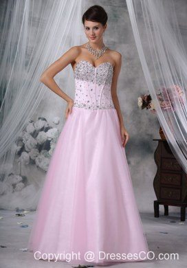 Baby Pink Empire Long Tulle And Satin Beading Prom Dress
