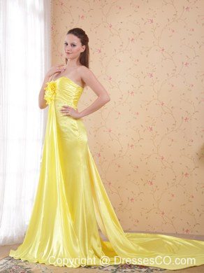 Light Yellow Column/Sheath Watteau Train Elastic Woven Satin Beading Prom Dress