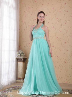 Popular Turquoise Empire Halter Long Tulle Beading Prom Dress