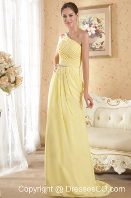Yellow Column / Sheath One Shoulder Brush Train Chiffon Beading and Ruching Prom / Evening Dress