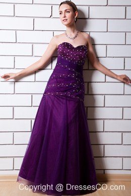 Purple A-line Beading Prom Dress Tulle And Taffeta Long