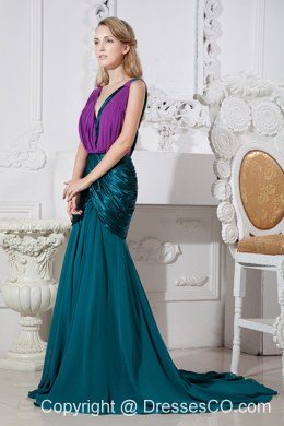 Peacock Green and Purple Mermaid V-neck Brush Train Chiffon Prom Dress