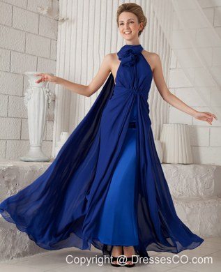 Blue Column Halter Watteau Train Chiffon Ruching Prom / Evening Dress