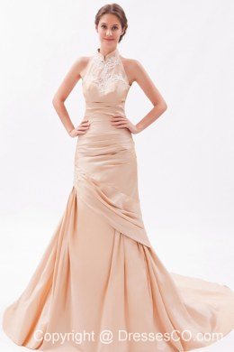 Champagne High-neck Court Train Taffeta Embroidery with Beading Prom Dress