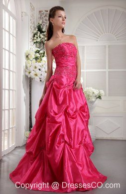 Hot Pink A-line / Princess Strapless Long Taffeta Beading Prom / Evening Dress