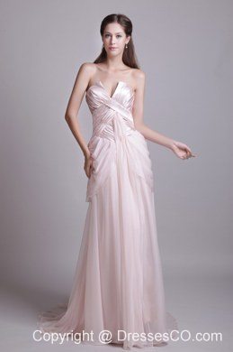 Baby Pink Empire Strapless Brush Train Chiffon Pleat Prom Dress
