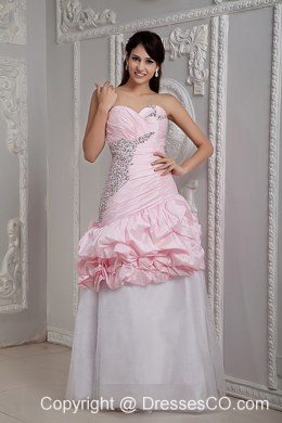 Perfect Baby Pink And White Prom Dress Beading Long Taffeta