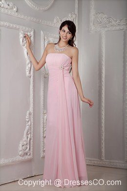 Cheap Baby Pink Prom Dress Empire Strapless Chiffon Beading Long