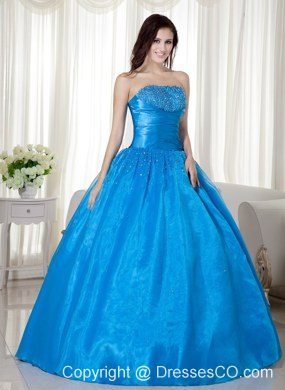 Blue Ball Gown Strapless Long Taffeta Beading Quinceanera Dress