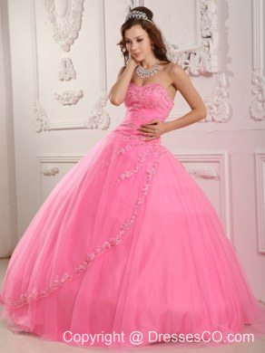 Classical Ball Gown Long Tulle Appliques Rose Pink Quinceanera Dress