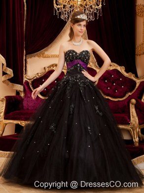 Black Ball Gown Long Tulle Appliques Quinceanera Dress