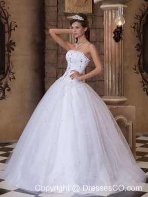 White Ball Gown Strapless Long Satin And Tulle Embroidery Quinceanera Dress