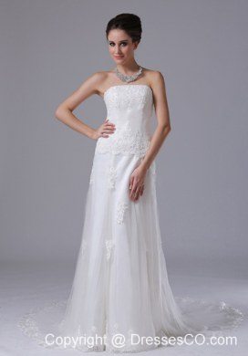 Strapless Lace Column Tulle Court Train Romantic Wedding Dress