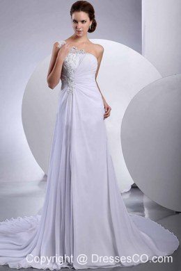 Lace Court Train One Shoulder Chiffon Wedding Dress Empire