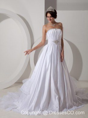 Lovely A-line Strapless Brush TrainTaffeta Beading and Ruching Wedding Dress