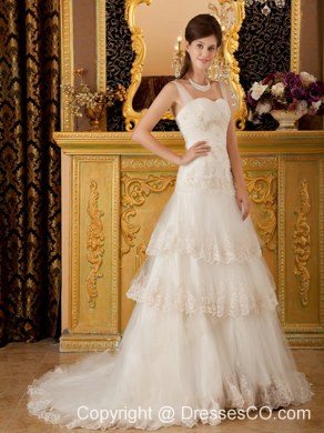 Beautiful Princess Straps Court Train Tulle Lace and Beading White Wedding Dress