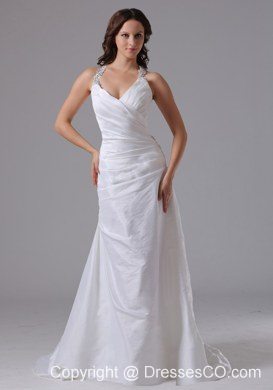 Halter Ruched Bodice and Beading Wedding Dress With Brush Train