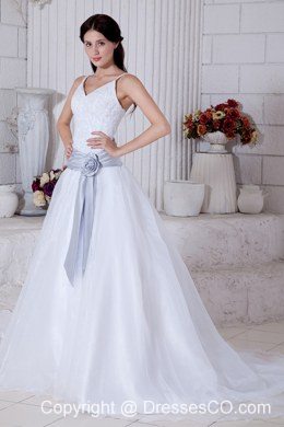 Modest A-line Straps Court Train Organza Sash Wedding Dress