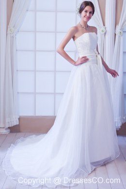 Elegant A-line Strapless Court Train Organza Sashes Wedding Dress