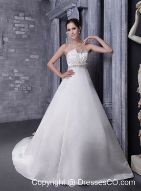 White A-Line / Princess Strapless Chapel Train Satin Beading Wedding Dress