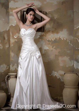 Elegant A-line Court Train Elastic Wove Satin Appliques Ruching Wedding Dress