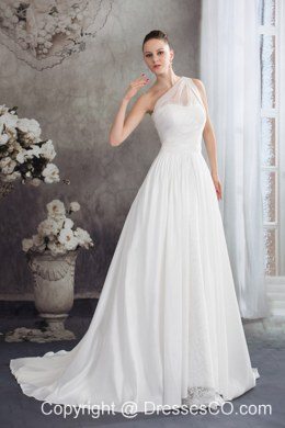 A-line One Shoulder Ruching Lace Court Train Wedding Dress