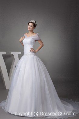 V-neck Court Train Appliques Ball Gown Wedding Dress