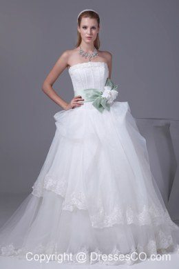 Lace Sash With Hand Made Flower A-line Wedding Dress