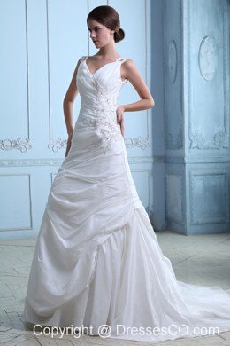 Beautiful A-line V-neck Court Train Taffeta Ruched and Appliques Wedding Dress