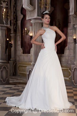 Beautiful A-line One Shoulder Court Train Chiffon Beading Wedding Dress
