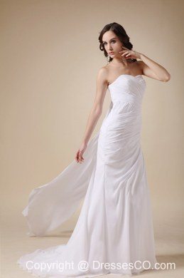 Elegant Column Watteau Train Chiffon Ruched Wedding Dress