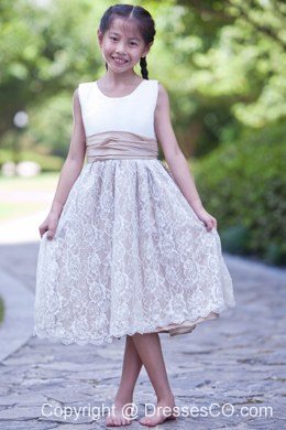 White And Champagne A-line Scoop Tea-length Taffeta And Lace Flower Girl Dress