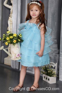 Aqua A-line / Princess Straps Knee-length Organza Beading Flower Girl Dress