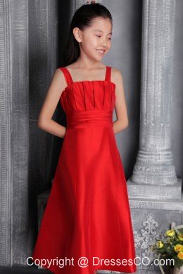 Red A-line / Princess Wide Straps Tea-length Satin Ruching Flower Girl Dress