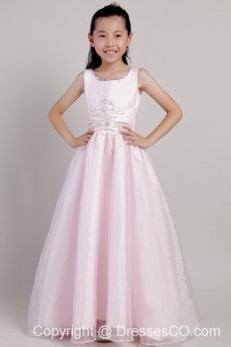 Pink A-line Scoop Ankle-length Taffeta And Organza Beading Flower Girl Dress