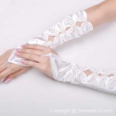 Unique Satin Fingerless Elbow Length Bridal Gloves With Butterfly-shaped Flowers