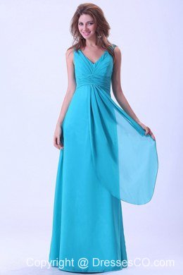 Aqua Blue Prom Dress With V-neck Chiffon Long For Custom Made