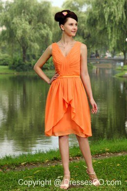 Orange Empire V-neck Knee-length Chiffon Ruche Prom Dress