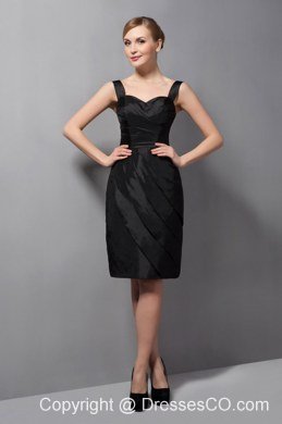 Customize Black Column Bridesmaid Dress Straps Ruched Mini-length Taffeta