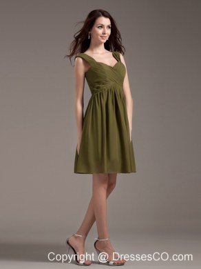 Straps Knee-length Olive Green Chiffon Prom Dress