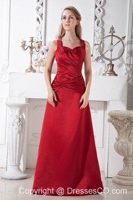 Wine Red A-line Halter Long Satin Ruching Prom Dress