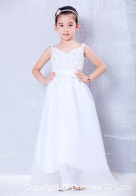 White A-line V-neck Long Taffeta And Organza Beading Flower Girl Dress