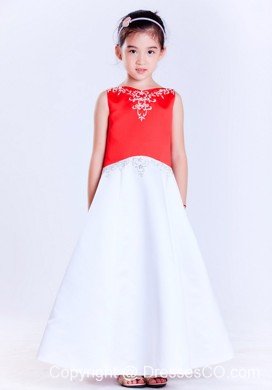 White And Red A-line V-neck Ankle-length Satin Bow Embroidery Flower Girl Dress