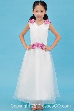 White A-line V-neck Ankle-length Organza Hand Made Flowers Flower Girl Dress