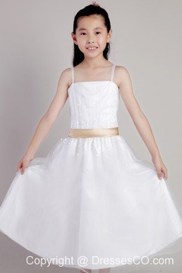 White Column Straps Tea-length Tulle Sequins And Belt Little Girl Dress